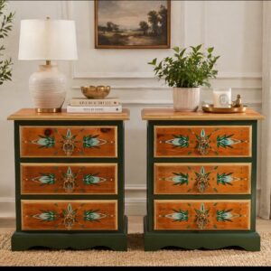 Boho handpainted green bedside cabinets - solid pine